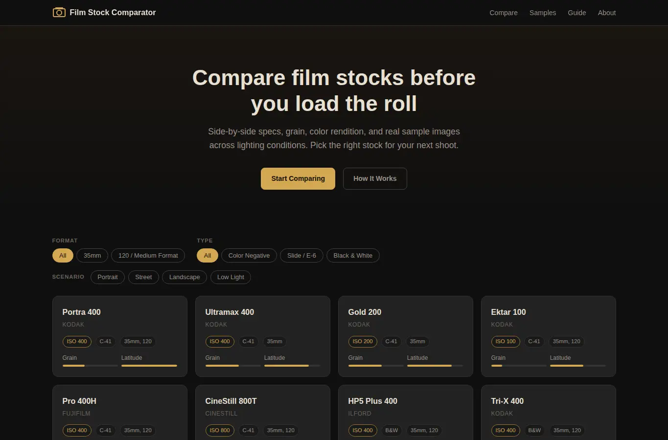 Screenshot of Film Stock Comparator interface showing the project page in use